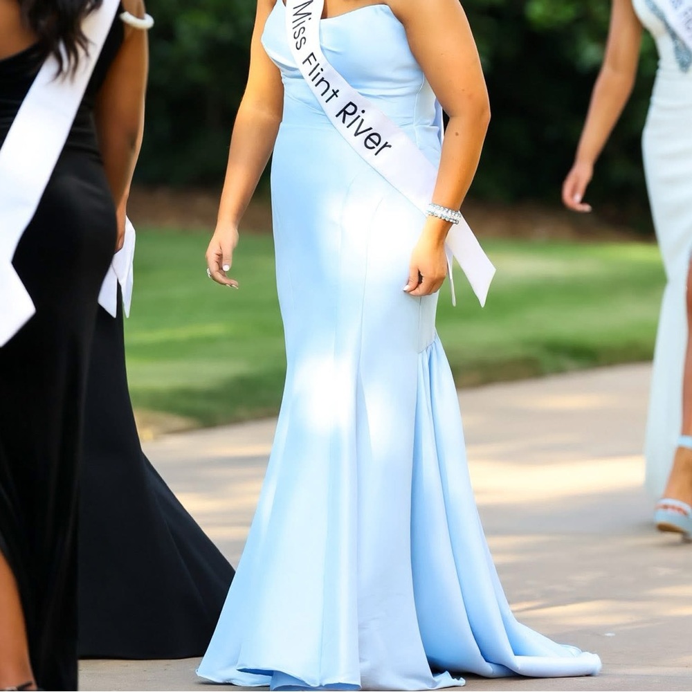 Madison James Light Blue Strapless Gown